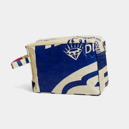  Beige-blue environmentally friendly makeup pouch with bold blue and white graphic design.