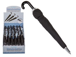 A black umbrella-shaped pen with a curved handle. The pen features a retractable tip and is designed for convenient everyday use.