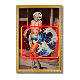  Vibrant neon-lit wall art featuring Marilyn Monroe against a backdrop of crashing waves, in a range of sizes from 40cm x 60cm to 100cm x 150cm.