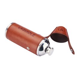 laguiole steel flask + 2 cups HIPFLASK 2 CUPS PU WRAPPED BROWN 8 OZ