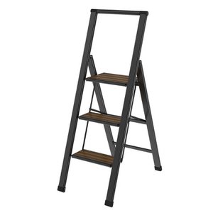 BLACK ALUMINUM LADDER 3 BAMBOO WOOD STEPS 44.5X5.4X126.5CM ST84580