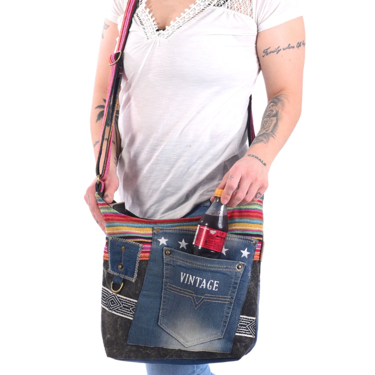 Sunsa schoudertas van upcycled jeans & canvas, vegan damestas