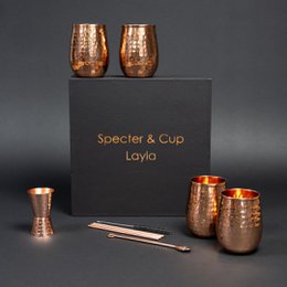 Layla kobberkopsæt - 4x cocktailkopper (hamret, 470 ml) + 6-delt tilbehørssæt