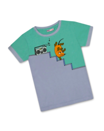 Green and purple color-block t-shirt with mouse, elephant, duck, and boombox graphic design for kids.