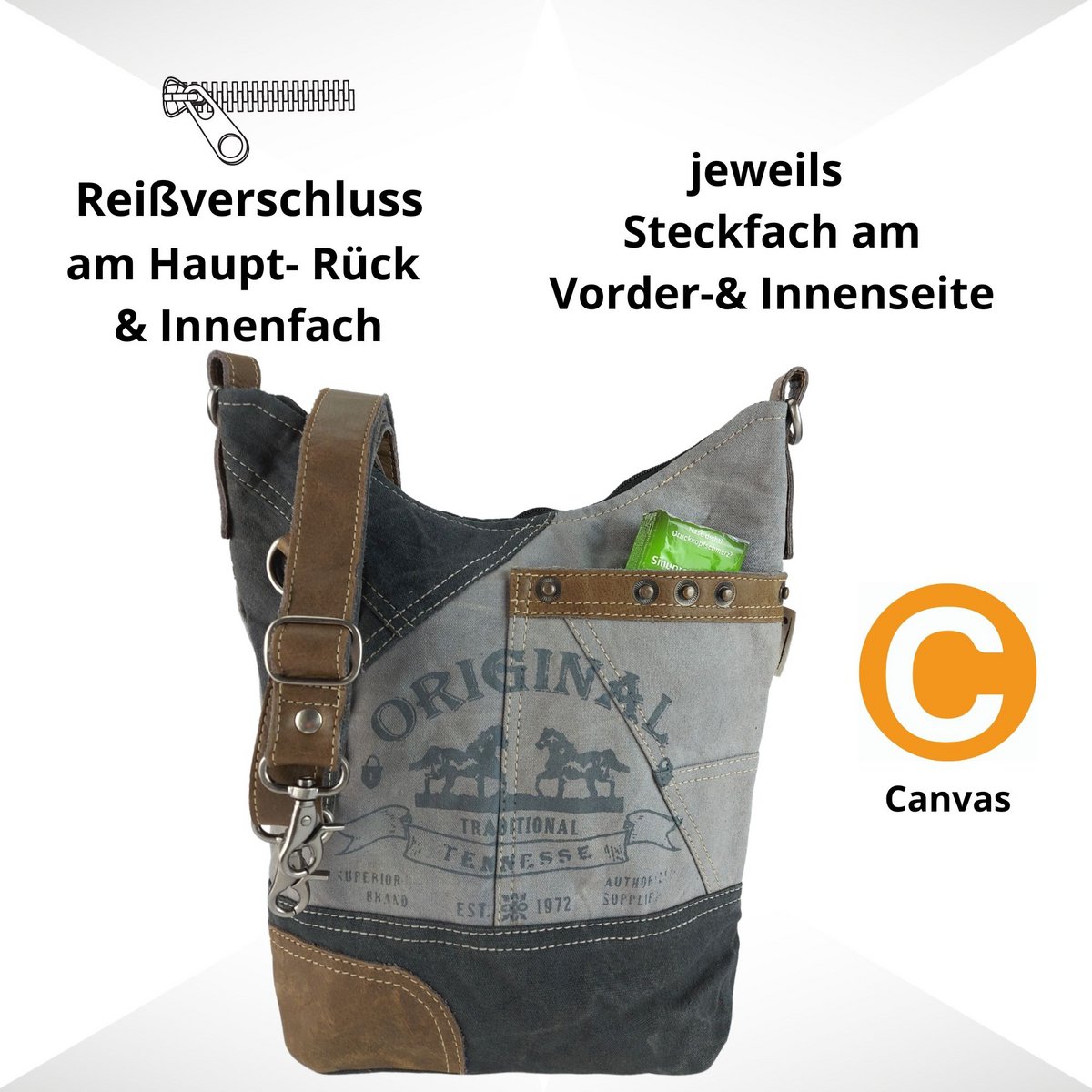 Sunsa dames schoudertas. Handtas gemaakt van canvas (canvas) & leer. Schoudertas in vintage stijl. Grote crossbody tas voor dames met paardenmotief grijs zwart