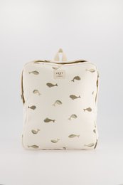Cream-colored backpack with a repeating fish print pattern, suitable for kids. Features adjustable straps and a zippered main compartment.
