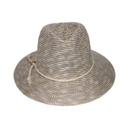  Felicity Fedora - A stylish wide-brimmed hat made of beige and petrol blue woven straw material, available in sizes M-L with a 57 cm circumference.