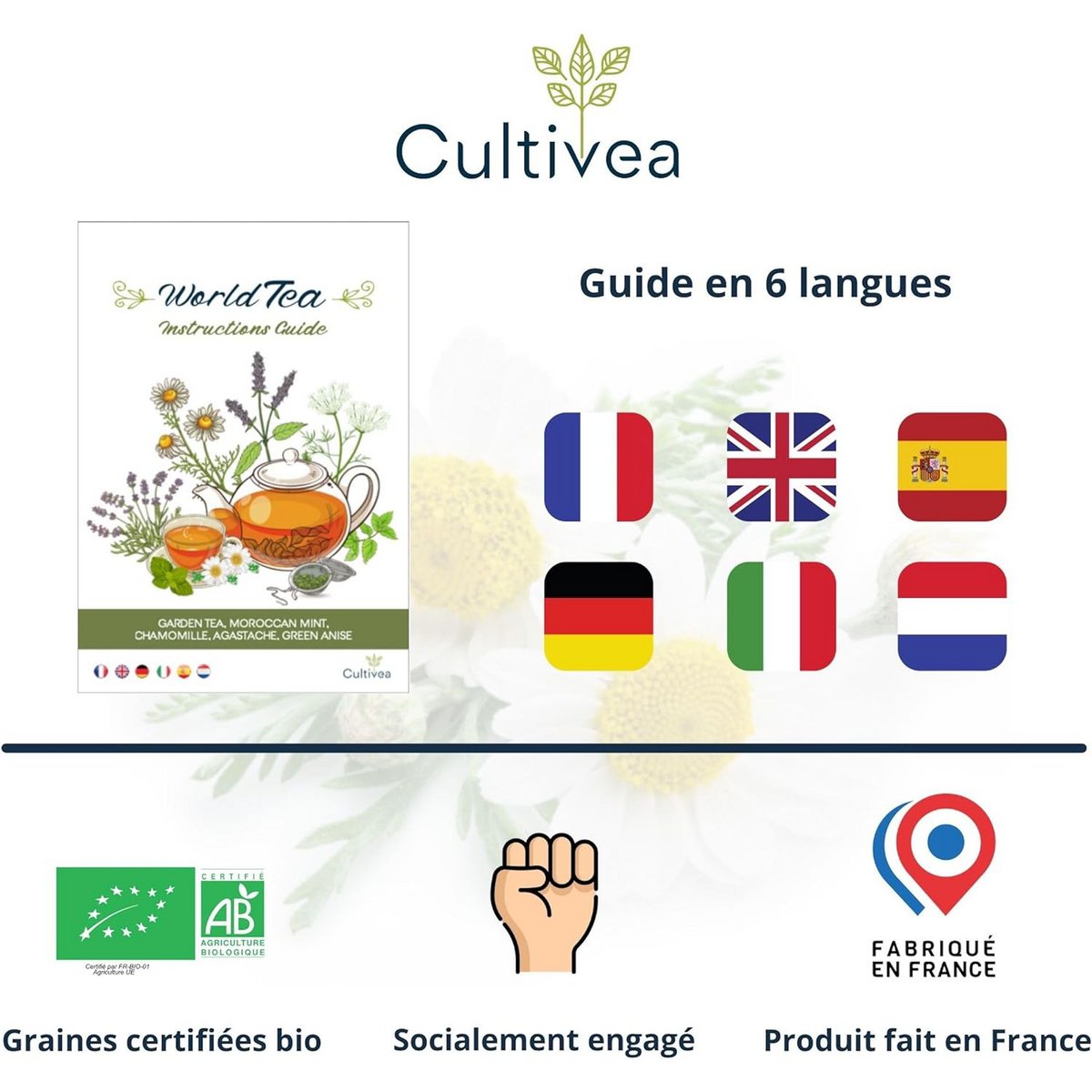 CULTIVEA® Mini Kit Ready to Grow World Teas - 100% organic seeds - Garden and enjoy - Gift idea (Garden tea, mint, chamomile, agastache, green anise)