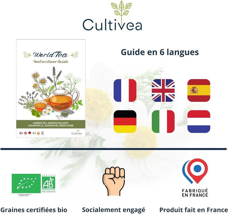 CULTIVEA® Mini Kit Ready to Grow World Teas - 100 % økologiske frø - Have og nyd - Gaveidé (Havete, mynte, kamille, agastache, grøn anis)