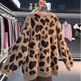 Leopard print tyk varm frakke Løs doven strikket cardigan sweater