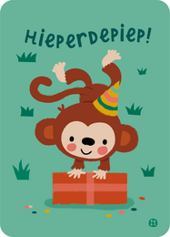 Colorful birthday card featuring a playful monkey in a jungle-themed design. The card has the text "Hieperdepiep!" which is a Dutch expression of excitement or celebration.