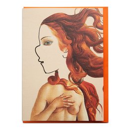 Vibrant, artistic greeting card featuring a woman with flowing red hair. The card includes a quote about a goddess who rules the world.