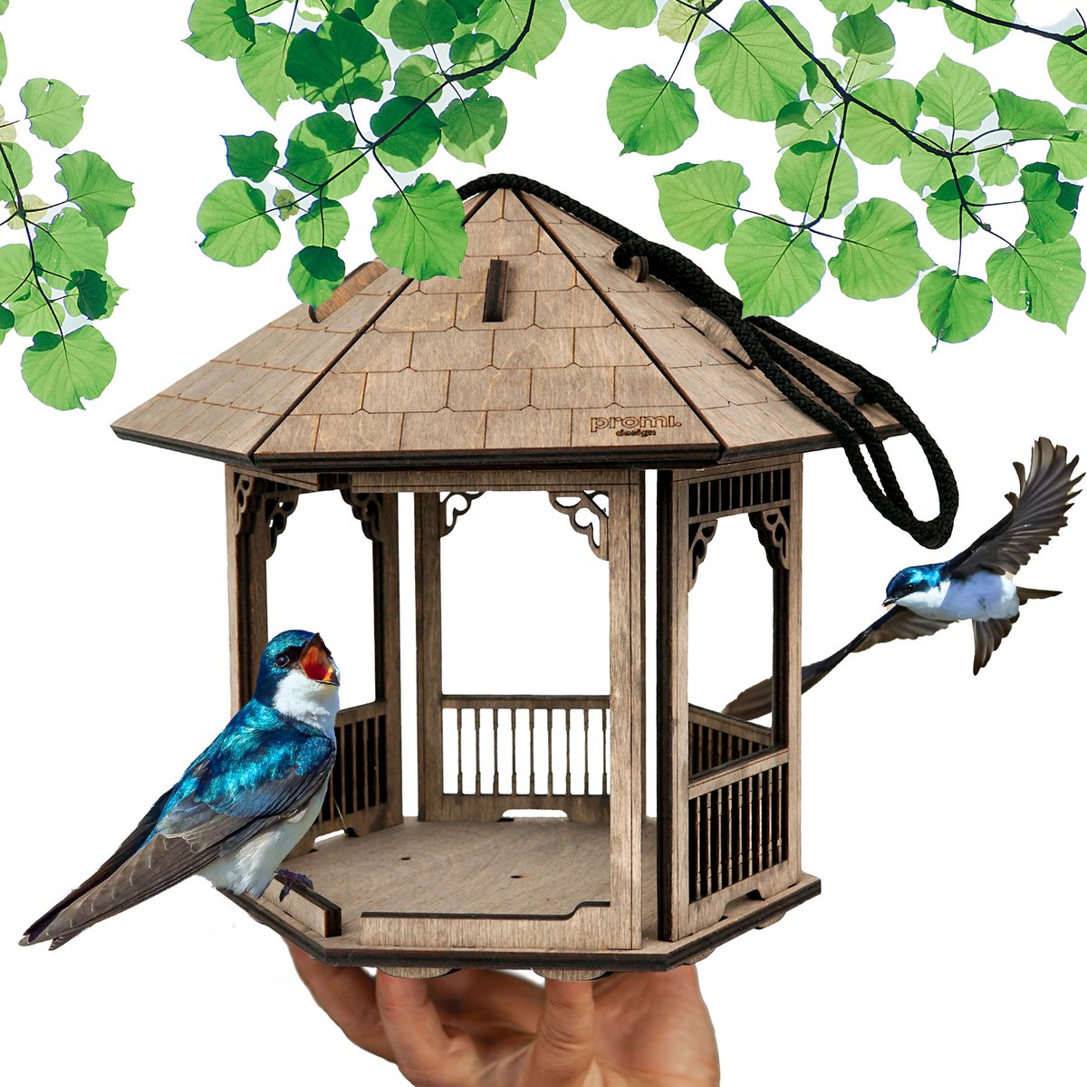 Comedero para pájaros con cenador de madera, casa para pájaros teñida de gris
