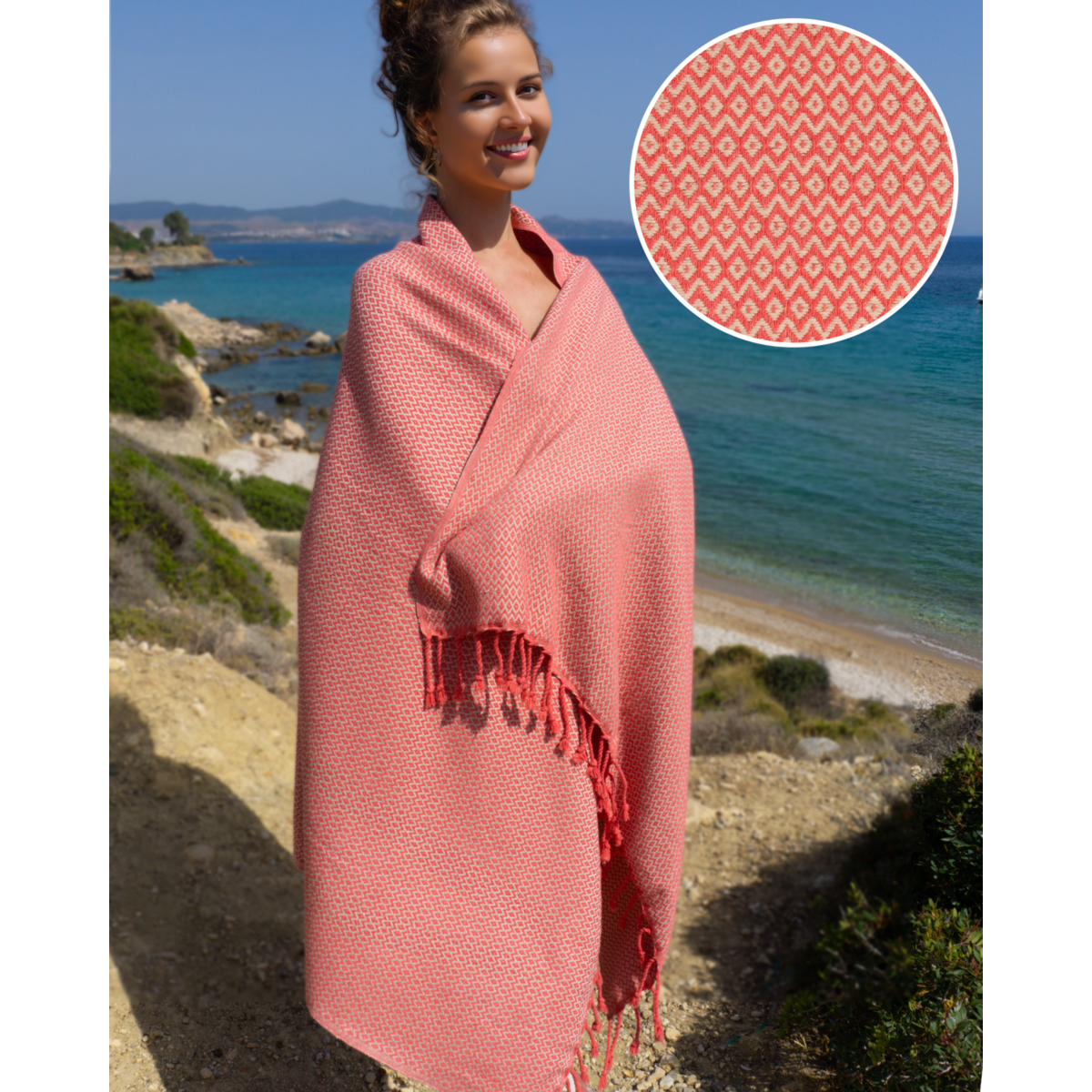 Asciugamano Spa Hammam in cotone SAMOS – Senza sabbia e compatto – Fucsia / Beige - 180x100 cm
