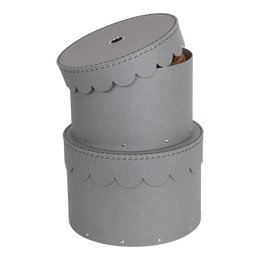 Grey round storage baskets with scalloped edges, made of durable material.