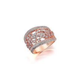 A statement ring featuring a rose gold-plated band with a cluster of sparkling cubic zirconia stones, creating a bold and eye-catching design.