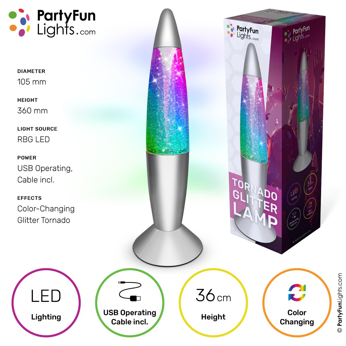 Lámpara Glitter Tornado - cambio de color - LED - pilas