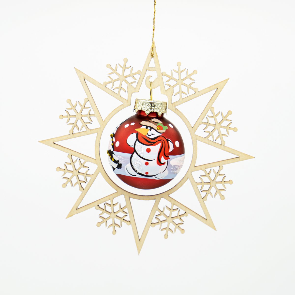 Holzstern mit Weihnachtskugel Schneemann