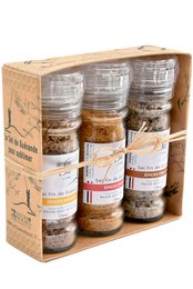 Box of 3 mills - fine salt of Guérande IGP with spices (Espelette pepper, Japanese curry, viking) | Salt craftsmen