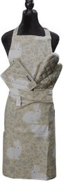 Rabbit-themed kitchen set apron with floral pattern in neutral tones. Features a neutral-colored floral print design.