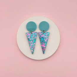 Green sparkly sequin drop earrings, cone-shaped dangles with turquoise studs, colorful glitter details