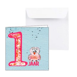  Colorful birthday card with a cute owl celebrating 1 year. The card features the number "1" in a bold, pink font and the text "1 jaar" (1 year) in Dutch. The background is a light blue color with white stars, creating a festive and whimsical design.