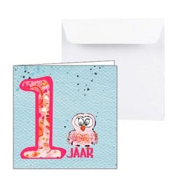 Colorful birthday card with a cute owl celebrating 1 year. The card features the number "1" in a bold, pink font and the text "1 jaar" (1 year) in Dutch. The background is a light blue color with white stars, creating a festive and whimsical design.