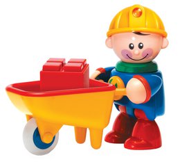 Colorful construction worker toy figure with wheelbarrow. Playful, bright design suitable for young children.