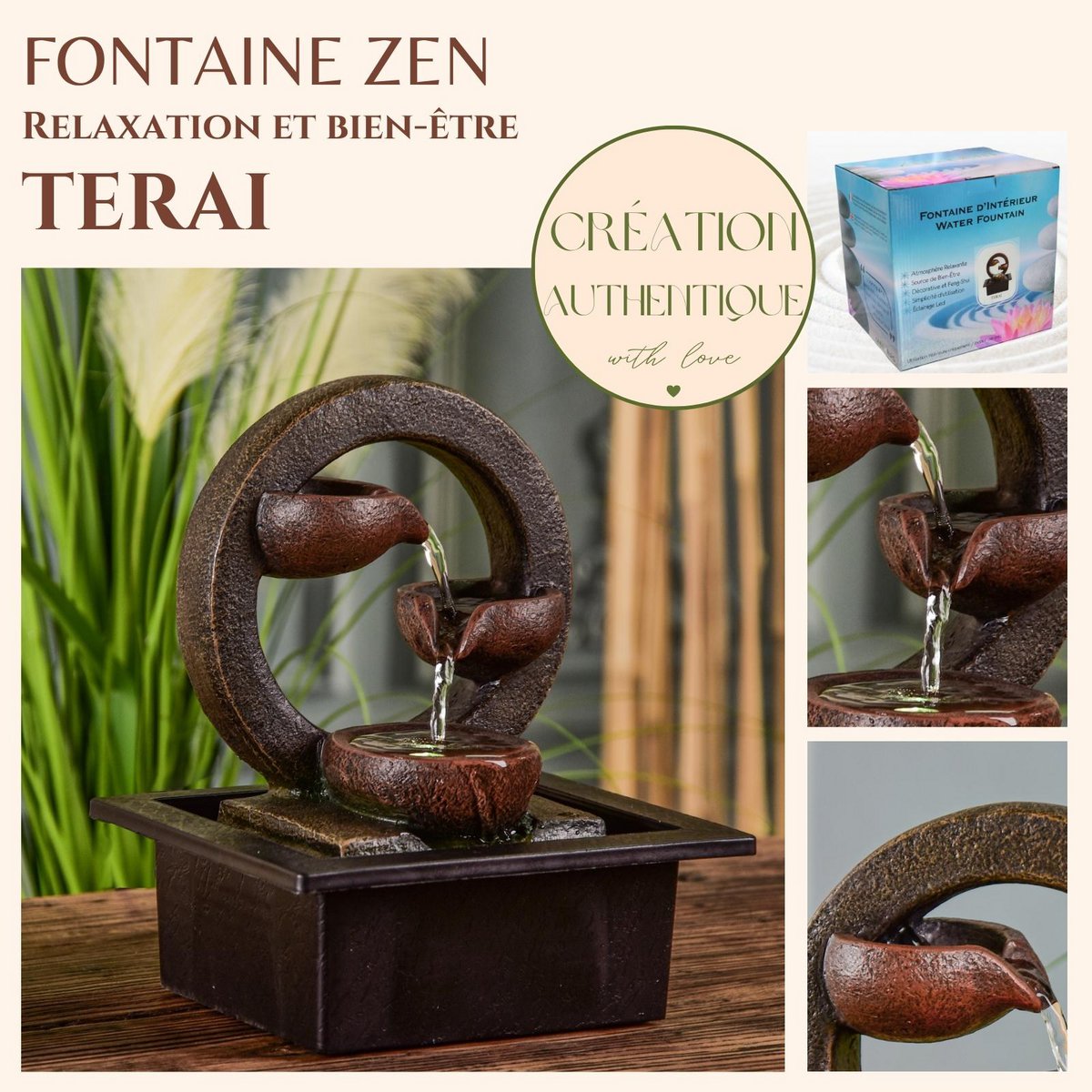 Zimmerbrunnen – Terai – Zen-Dekor-Idee – buntes LED-Licht – Wasserfluss-Kaskade – entspannendes Ambiente-Geschenk