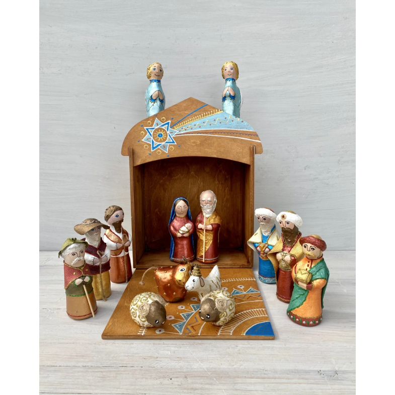 Handmade papier-mache Nativity play (set of 15 items) in a wooden box