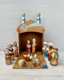 Handmade papier-mache Nativity play (set of 15 items) in a wooden box