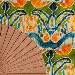 Handgefertigter Seidenlüfter mit lebendigem Ikat -Muster - in Spanien hergestellt