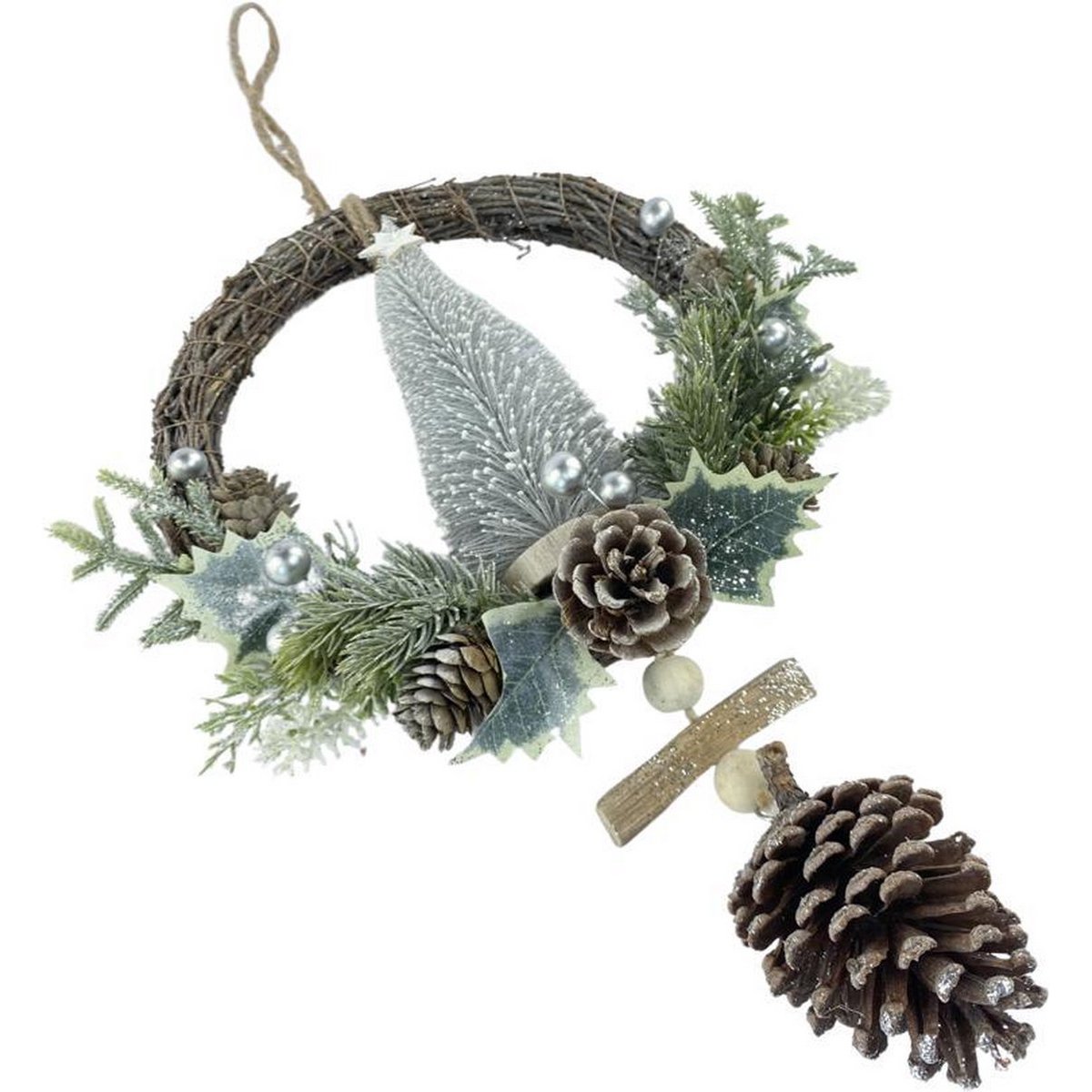 Corona di Natale in rattan - Bacca bianca | ø 39 cm | Opportunità natalizia decorativa in rattan e pigne con albero di Natale | bianco