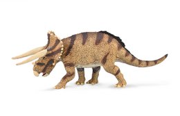 A large, brown dinosaur figure with three horns on its head and a distinctive frill around its neck. The figure has a textured, scaly appearance and appears to be a model of the Triceratops Horridus species.