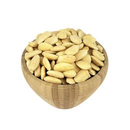 Organic shelled almonds in bulk, available in various sizes from 125g to 25kg. The almonds have a natural, unsalted flavor and are suitable for a variety of culinary uses.
