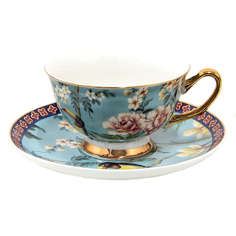 Kop og tallerken 200 ml blåt guld -farvet porcelænsfugle service