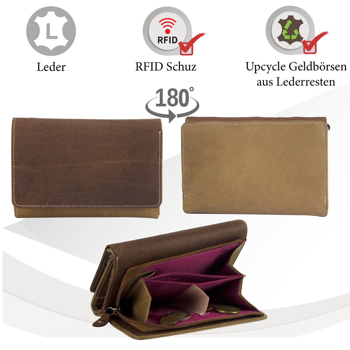 Sunsa damesportemonnee. Leren portemonnee. Portemonnee met RFID-bescherming. Portemonnee gemaakt van overgebleven leer. Grote portemonnee voor dames met veel vakjes voor creditcards - portemonnee voor dames, cadeau-idee