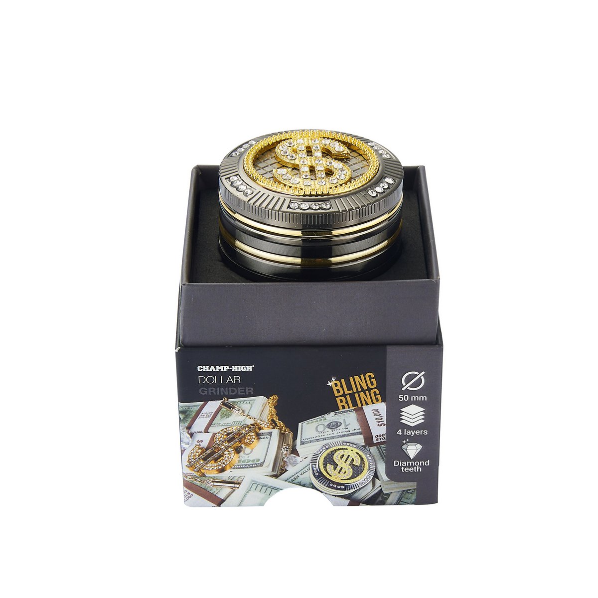 Grinder Magnétique- Broyeur à tabac & Herbes aromatiques - 4 Parties - Moulin à Epices -Dents de Diamant - 50 mm- Avec grattoir - Design Dollar