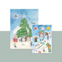 A Christmas countdown calendar with a decorated tree and various holiday-themed stickers, including a snowman, presents, and ornaments.