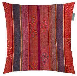 Vibrant red and orange striped cushion cover with diamond patterns, made of durable canvas material.