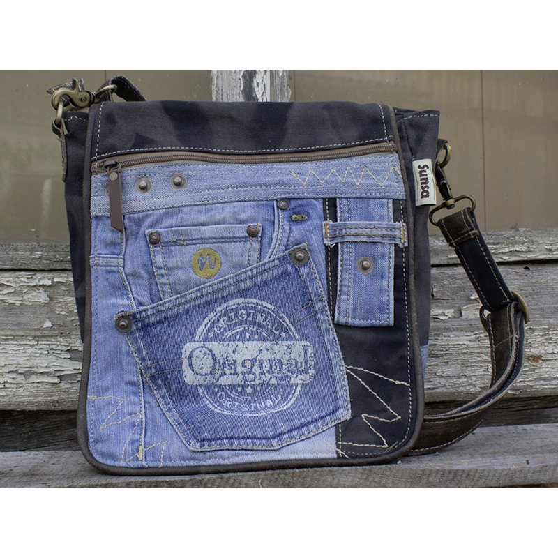 Sac messager Sunsa pour femme. Sac à main fabriqué à partir de jeans et de toile upcyclés. Sac bandoulière forme messager. Sac bandoulière de style vintage. Grand sac bandoulière pour femme.
