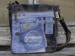 Sac messager Sunsa pour femme. Sac à main fabriqué à partir de jeans et de toile upcyclés. Sac bandoulière forme messager. Sac bandoulière de style vintage. Grand sac bandoulière pour femme.