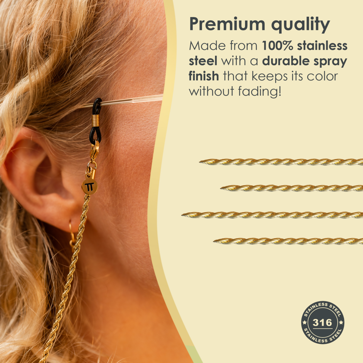 Glasses Cord Woven Gold — 100% Stainless Steel & Unisex Eyewear Cords for Women and Men — Glasses Chain with Extra Loops — Brillenkoord Brillenband Brillenkette Cordon de Lunettes Cordón Para Gafas
