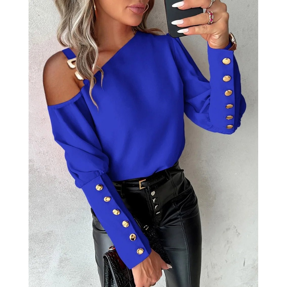 Mode lanterne manches bouton épissage chemise femmes élégant bureau banlieue O cou Blouse femme automne printemps quotidien décontracté hauts