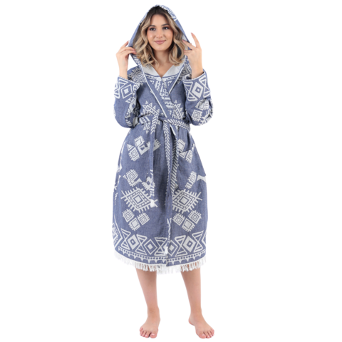 Kelim Badjas Met Capuchon - Marineblauw