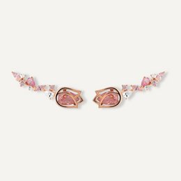 Elegant rose gold-toned floral climbing earrings with pink and purple gemstones.