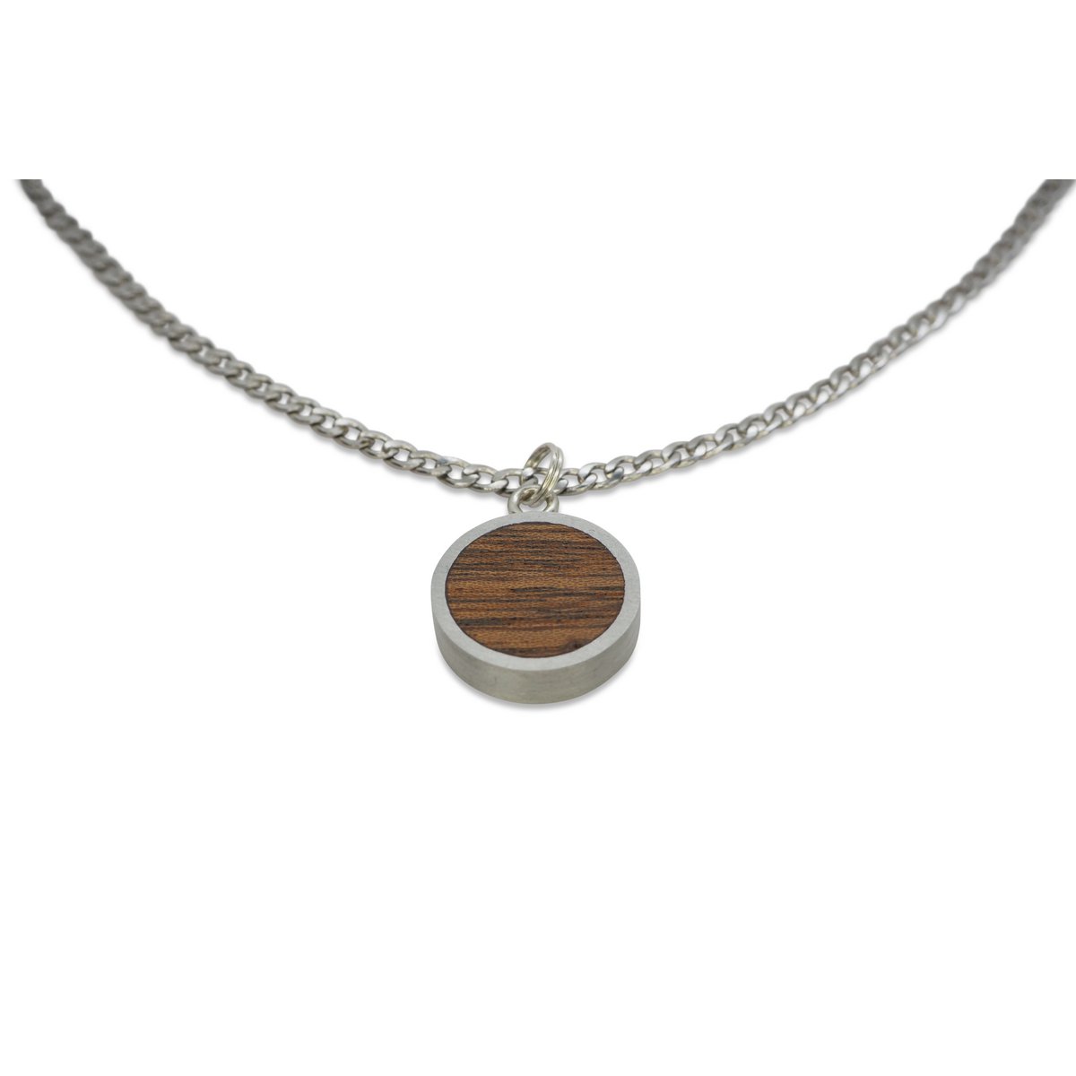 Collana con pendente rotondo in legno di mogano, catena barbazzale in argento in acciaio inossidabile, realizzata a mano