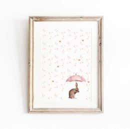 Conejito con póster rosa para paraguas y flores, póster de conejito, lindo póster de conejito, póster de habitación de niñas rosas, estampado de conejito lindo, estampado de arte de guardería de niñas, habitación para niñas