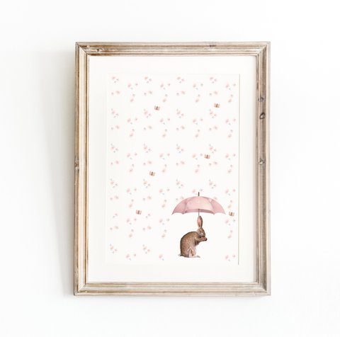 Bunny mit rosa Regenschirm und Blumenplakat, Hasenplakat, süßes Hasenplakat, pinkes Mädchenzimmerplakat, niedlicher Hasendruck, Girls -Kinderkunstdruck, Girls Room