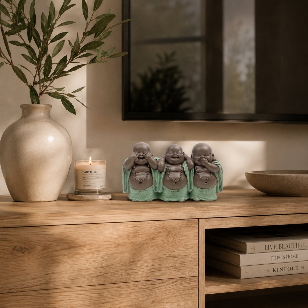 Estatua 3 Budas que Ríen - Decoración Zen y Feng Shui - Para crear un ambiente relajante y espiritual - Idea de regalo de la suerte